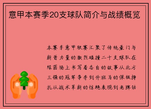 意甲本赛季20支球队简介与战绩概览